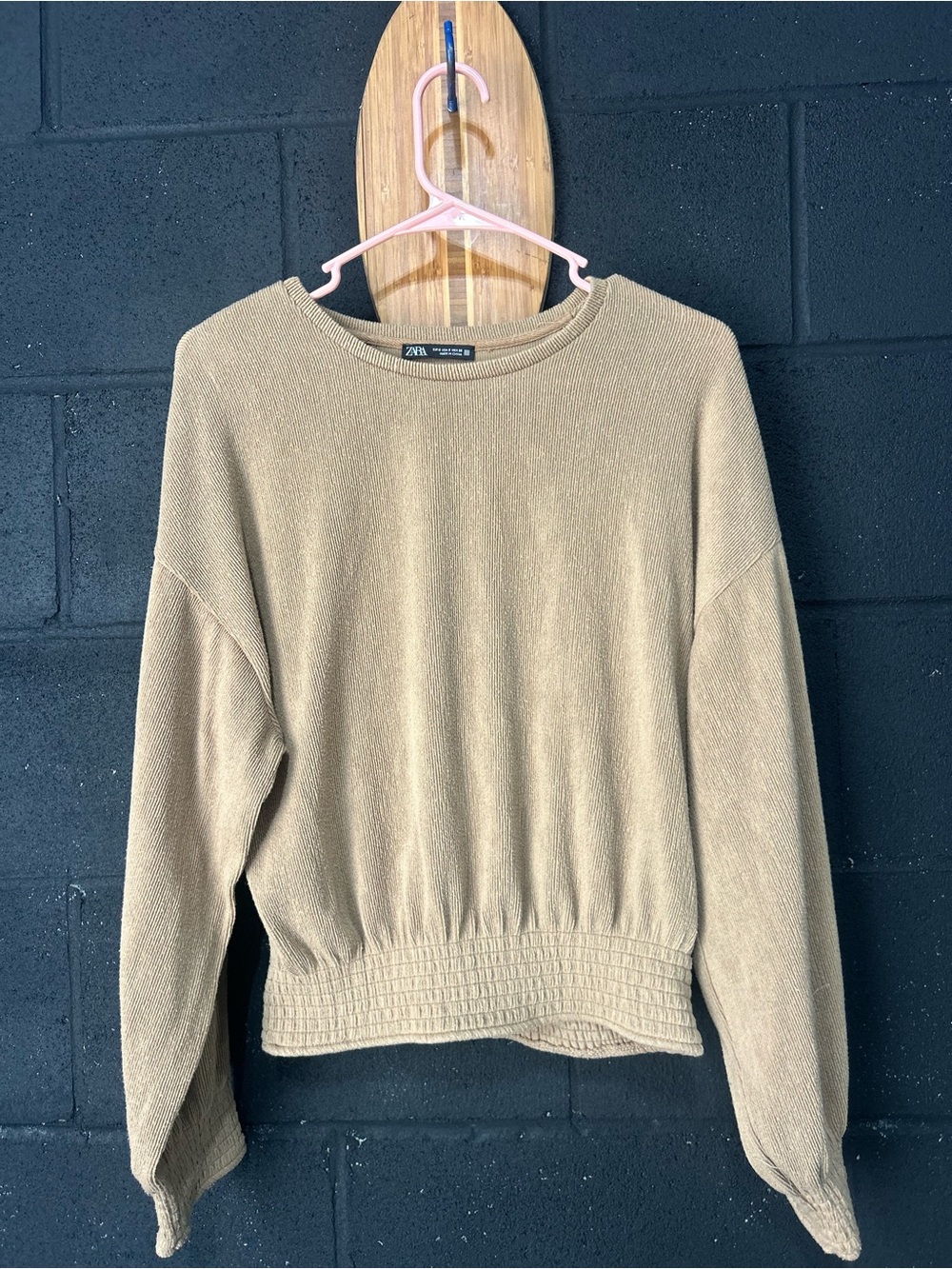 Zara Beige Smocked-Hem Crewneck Sweater